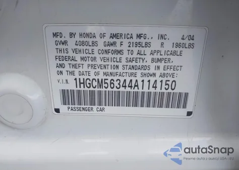 2004 Honda Accord 2.4 Lx z USA, uszkodzony, nr VIN 1HGCM56344A114150
